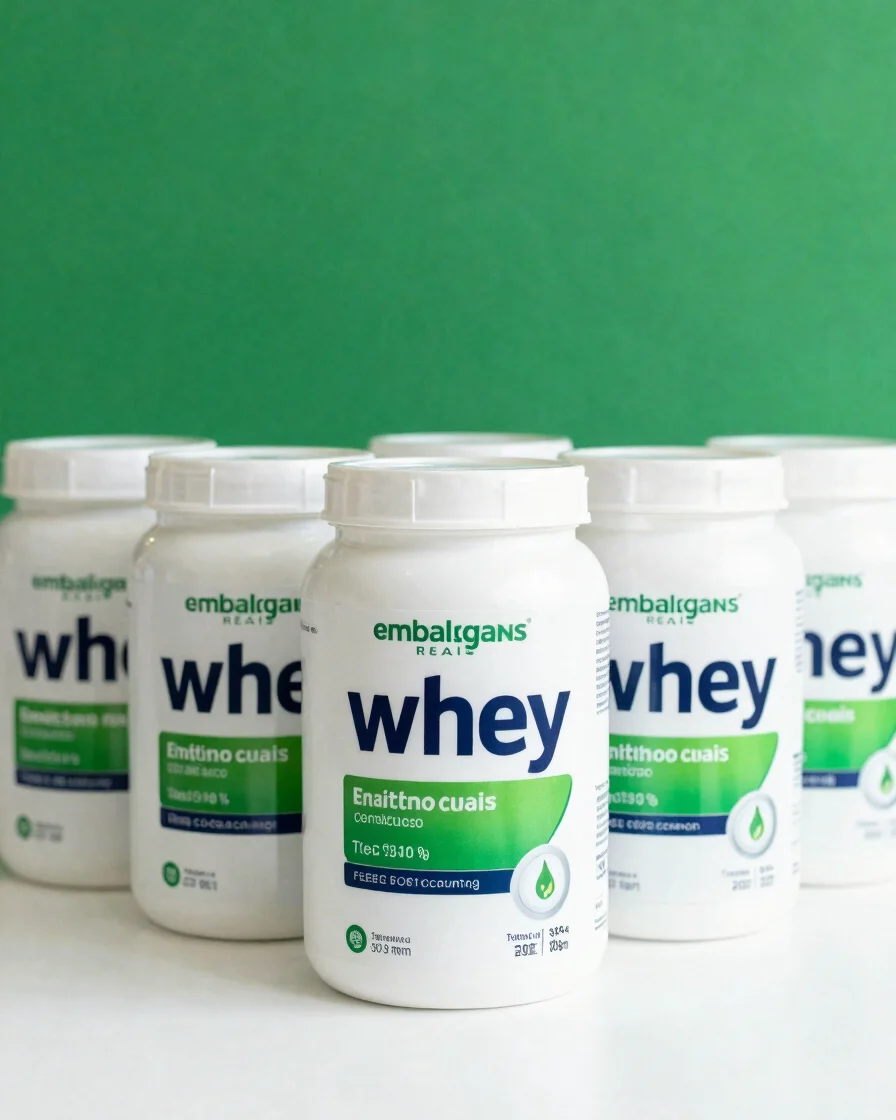 Embalagens reais de whey alinhadas sobre superfície branca limpa,